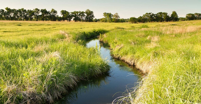 Stream winding through pasture