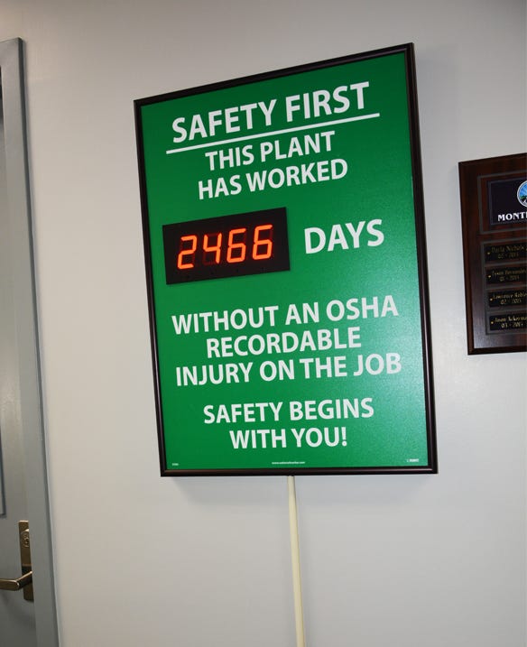 : A digital sign in the McCarty Dairy processing plant at Rexford keeps track of the plant’s safety record 