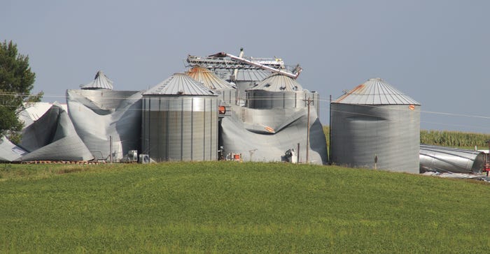10 grain bins took a direct hit on Mann Farms in Marshall County, Iowa damaged by Derecho