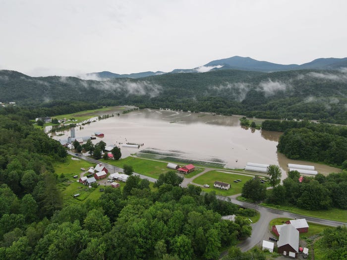 Foote Brook Farm - An aerial view of flooding on a Vermont farm