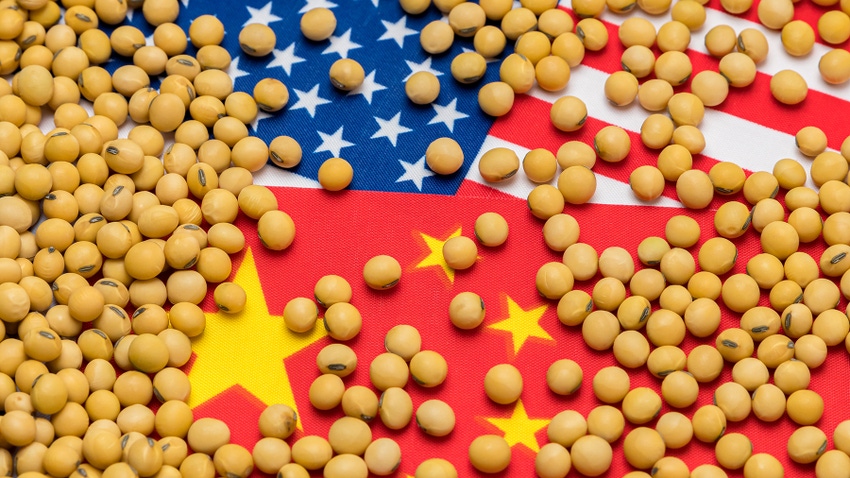 U.S. and China flags with soybeans