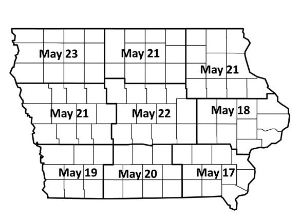: Estimated dates for when black cutworm cutting will begin varies by crop reporting district, based on peak flights of moths during spring 2019. Map of scouting days