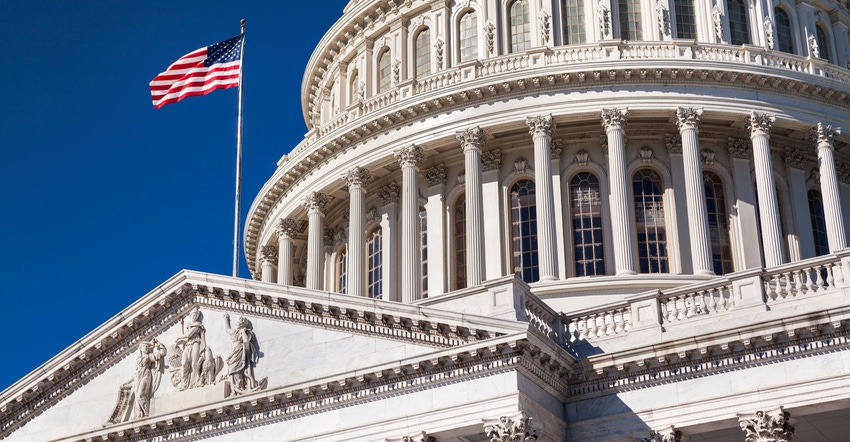 American flag blows in the wind on the United States Capitol and the Senate Building, Washington DC