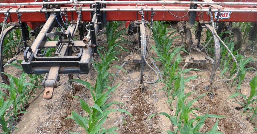 close up of equipment administering sidedressing application in corn