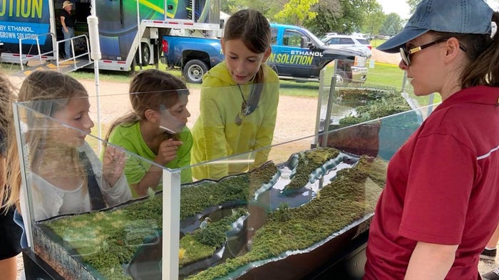 Kids, instructor looking at oxbow model Kids, instructor looking at oxbow model