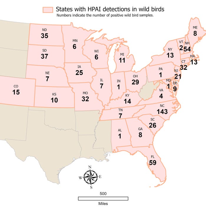 Map of states with HPAI detections in wild birds