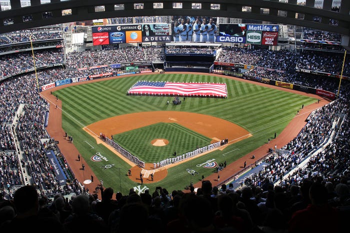 A general view of a packed Yankee Stadium during the New York Yankees opening day of the Major League Baseball 2013 season during the Yankees V Boston Red Sox American League East baseball game at Yankee Stadium, The Bronx, New York. April 1, 2013.