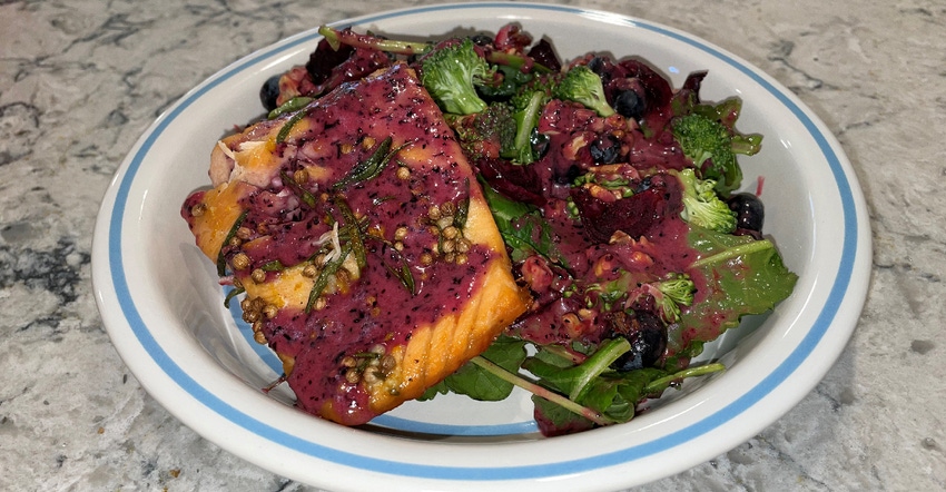 kale salad with salmon and blueberry vinaigrette 