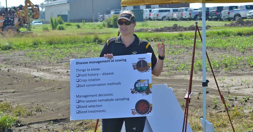 Kaitlyn Bissonnette, MU Extension plant pathologist, speaks at field day