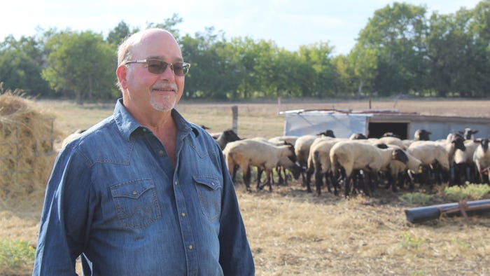 Rick Thompson with sheep in background
