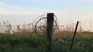 Post of barbed wire fence and field 