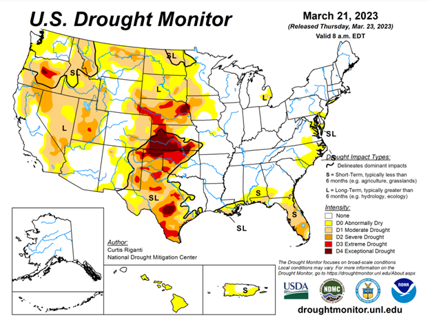 U.S. drought monitor map March 21, 2023