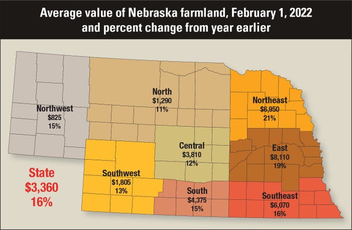 Average value of Nebraska farmland, Feb. 1, 2022 and percentage change from year earlier map