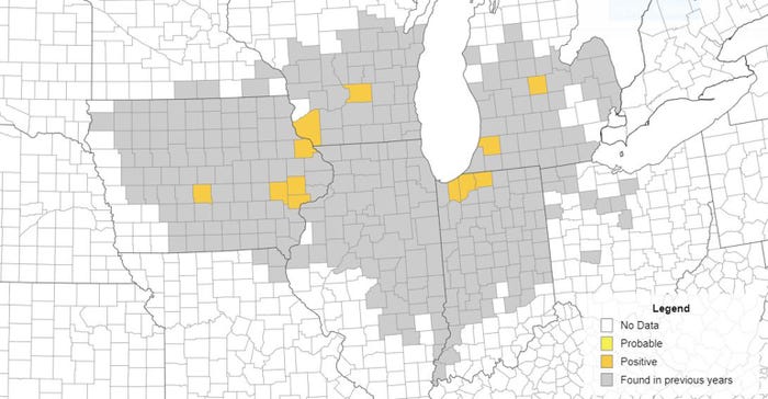 map showing where corn tar spot has been found in states in the past and currently