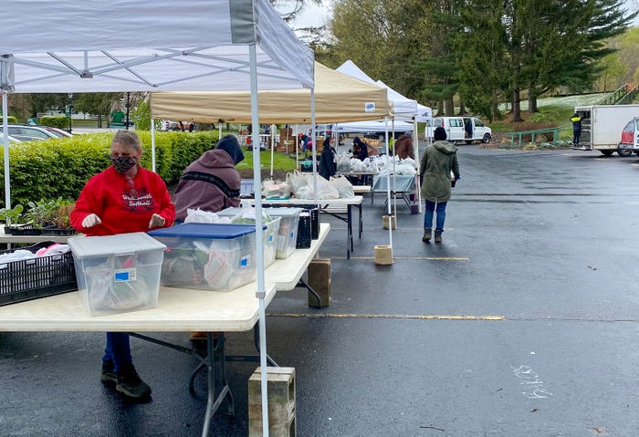 Volunteers at a farmers market assembling orders for curbside pickup