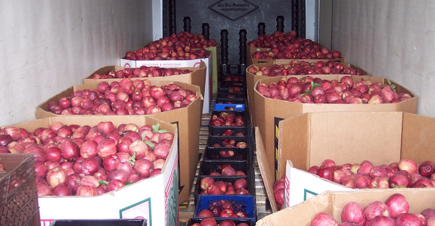 apples in boxes in the back of a truck that will be donated