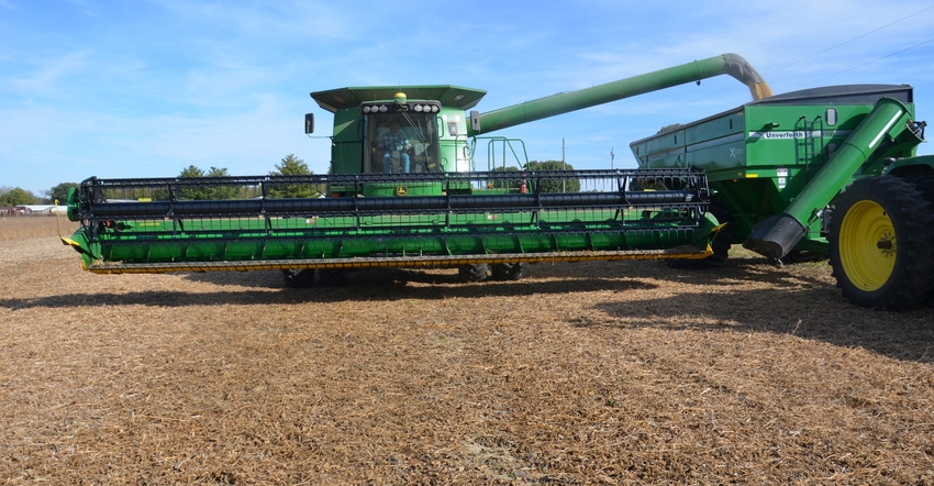 combine harvesting soybeans