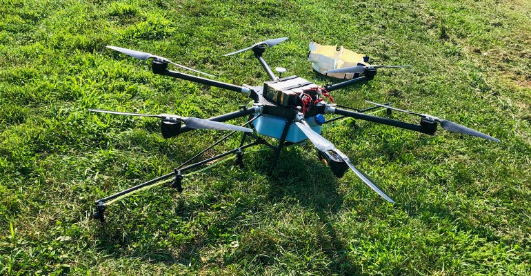 Close up of drone used to spray foliar fungicide