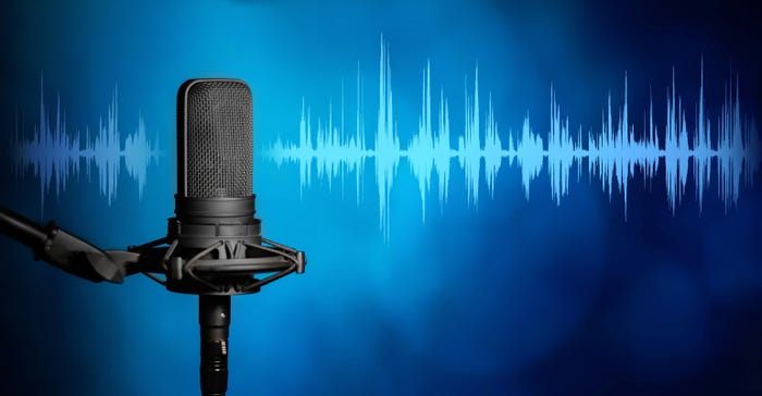 3D rendering of a professional microphone against a blue soundwave background