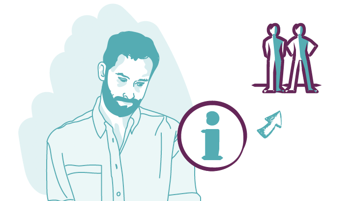Illustration of man thinking with information and people icons