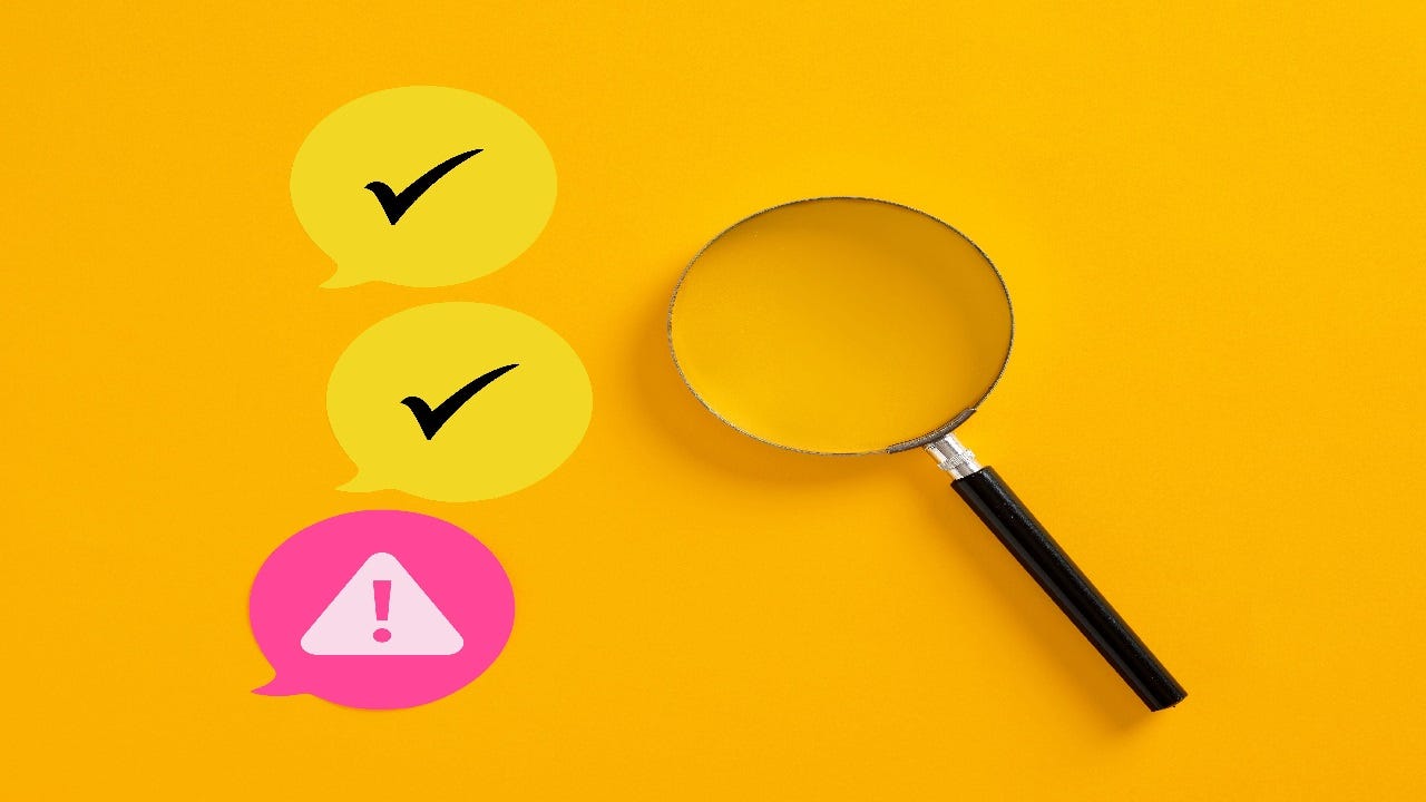 magnifying glass looks at three icons, two of which show checkmarks and one that shows an alert magnifying glass looks at three icons, two of which show checkmarks and one that shows an alert