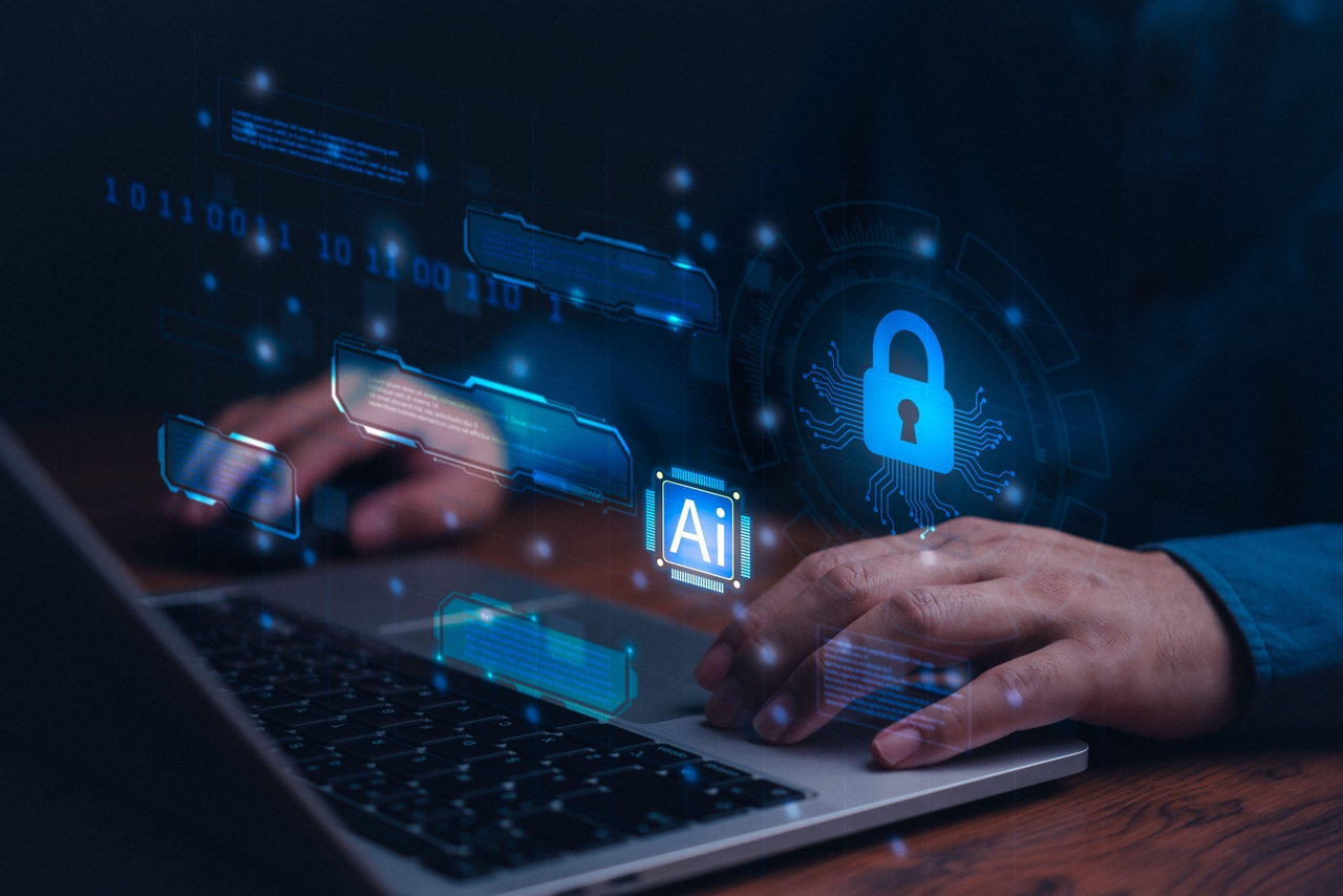 Hands typing on a laptop keyboard with blue AI and security holograms. Hands typing on a laptop keyboard with blue AI and security holograms.