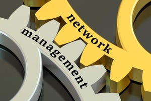 Network management text on yellow and gray gears.