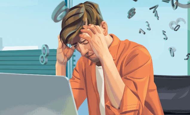 Illustration of a man holding his head in his hand surrounded by numbers