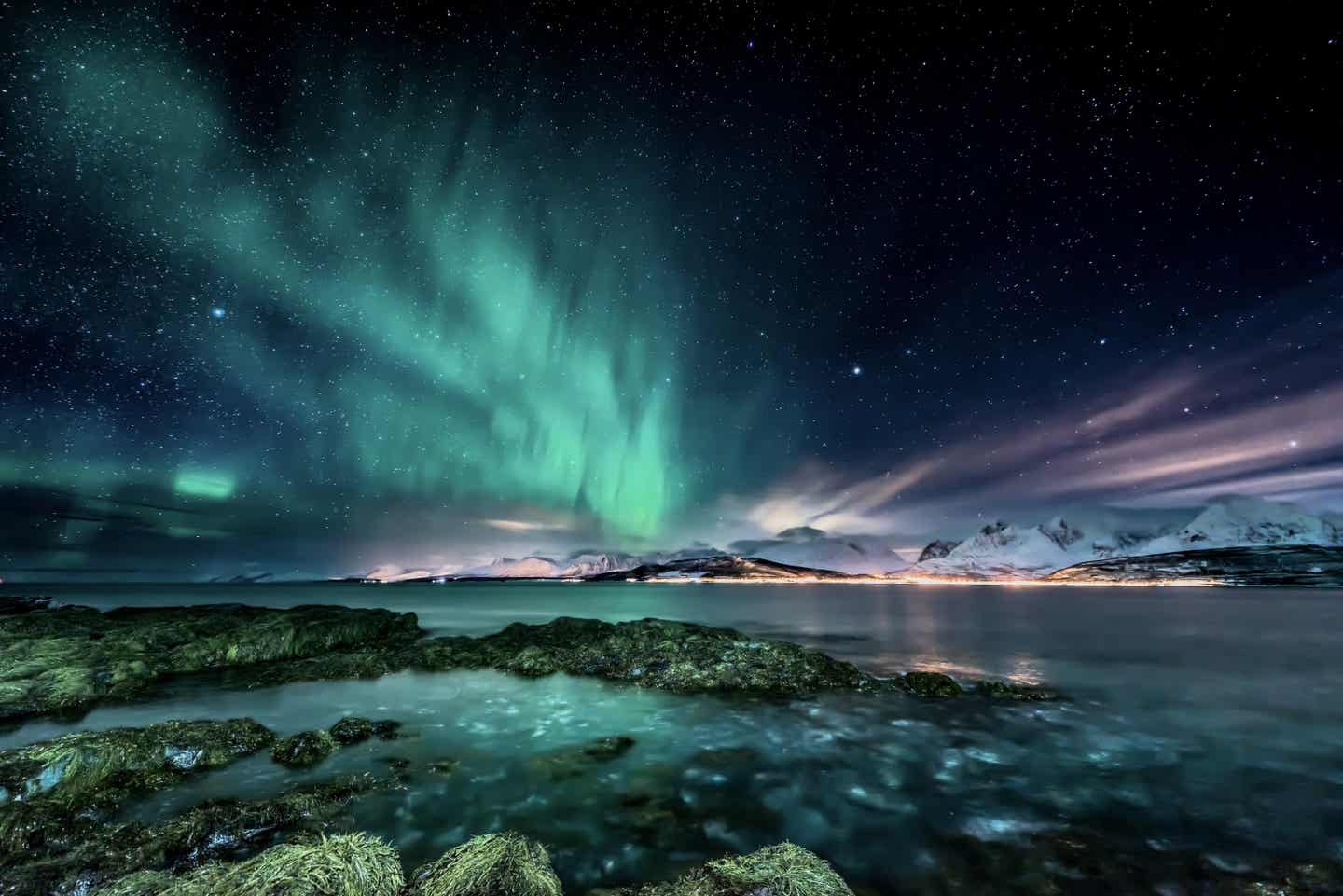 Polarlichter an der Küste in Oldervik, Island