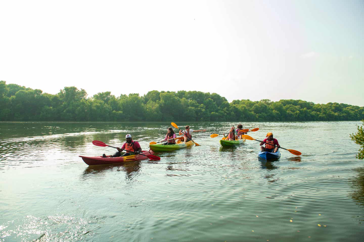 Personen auf dem Kayak mit Mangroven im Hintergrund