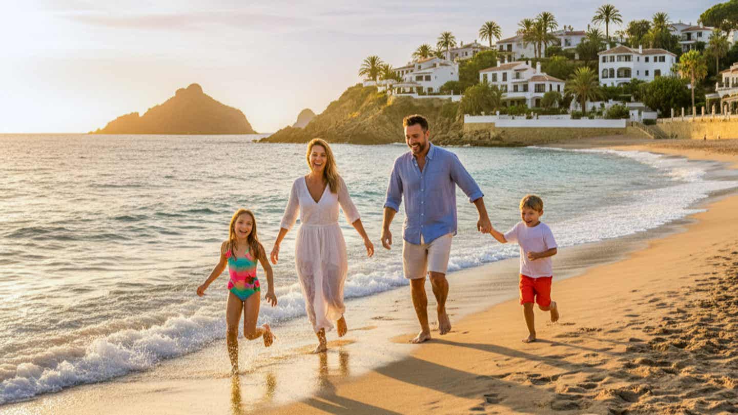 Familie läuft am Strand von Spanien bei Sonnenuntergang – Urlaubsmoment beim Familienurlaub am Meer