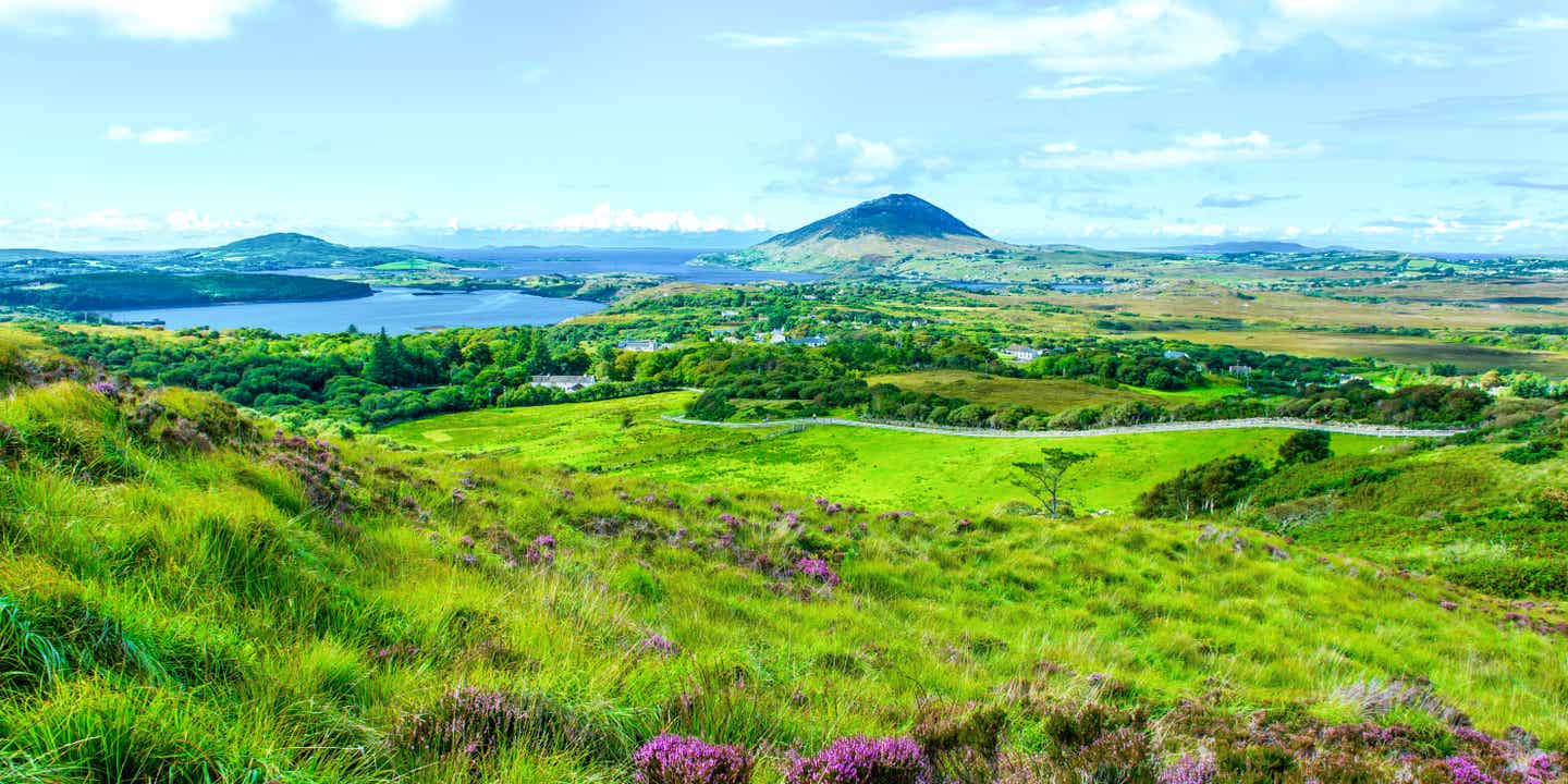 Blick auf die grüne Landschaft von Connemara mit Berg in der Ferne