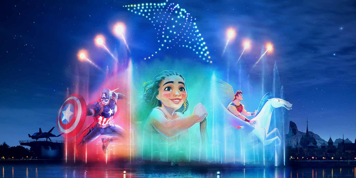 Das Showhighlight Disney Cascade of Lights in Disney Adventure World in Disneyland® Paris