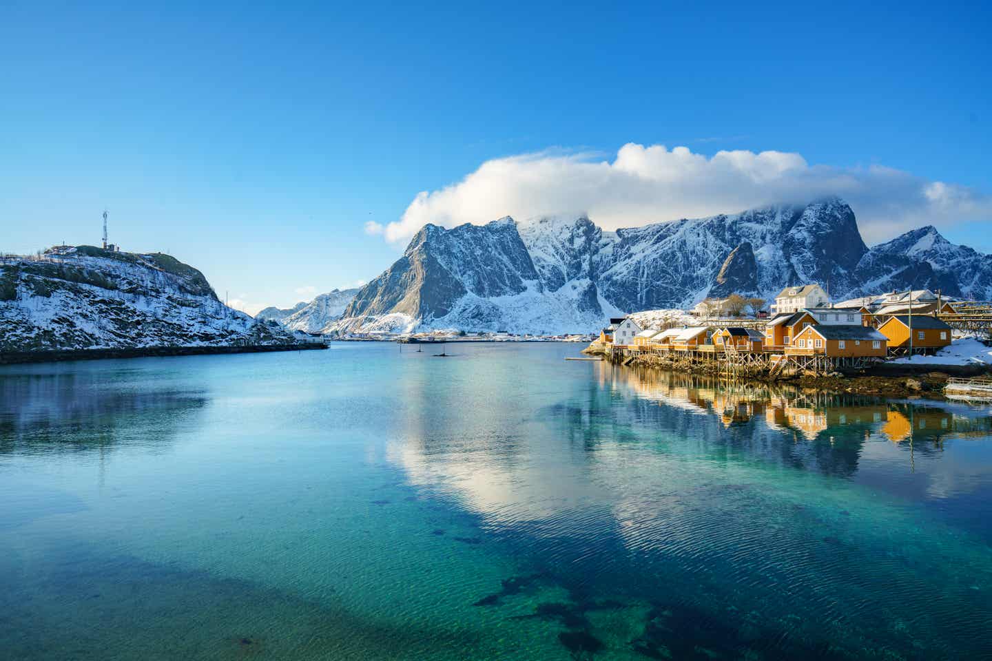 Blick über eine Bucht der Lofoten in Norwegen