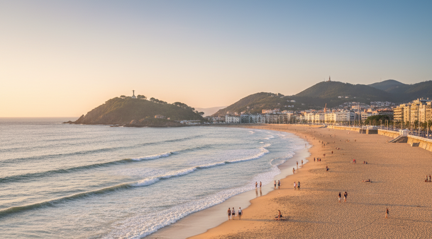 Strand La Concha in San Sebastián mit Spaziergängern und Abendstimmung im Sommer
