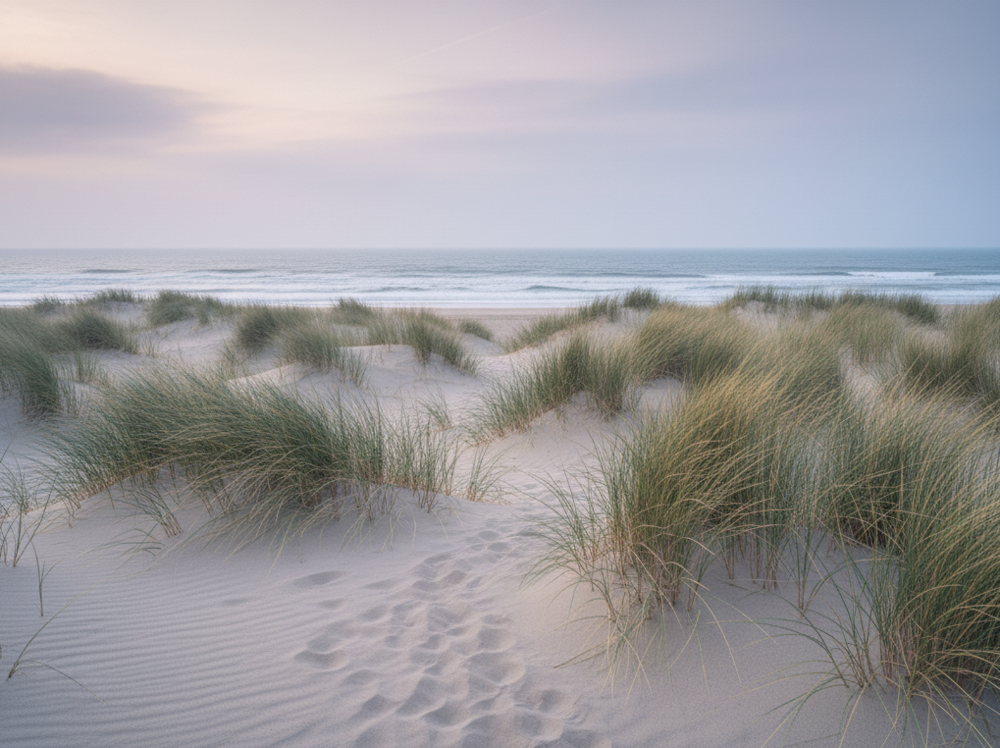 Dünenlandschaft am Strand in Galicien mit Blick auf den Atlantik bei weichem Licht und ruhiger See