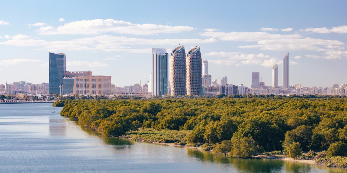 Mangroven Abu Dhabi: Skyline mit Mangroven im Vordergrund