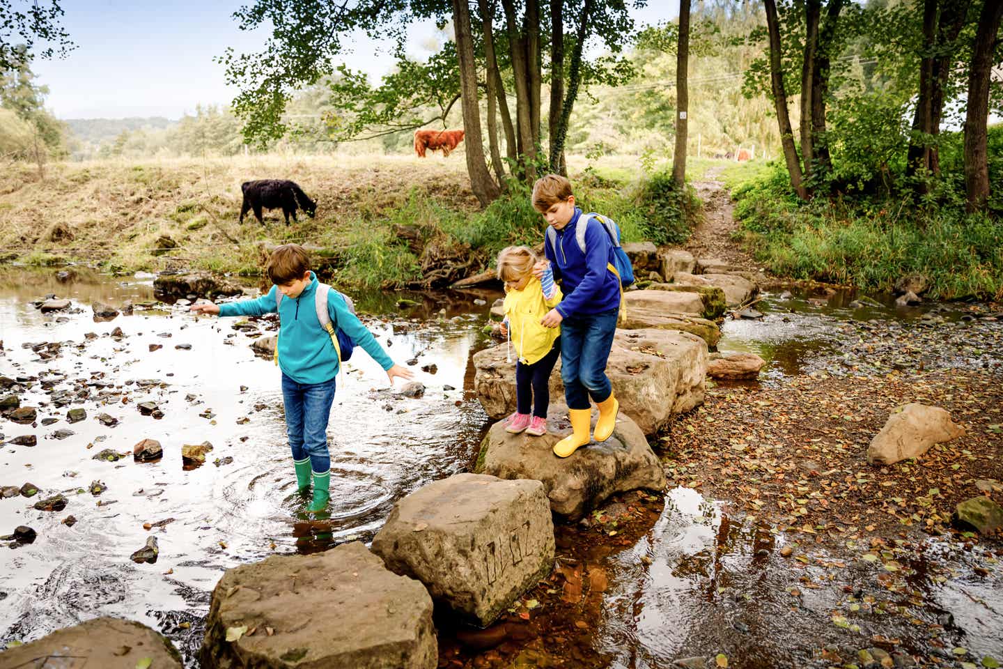 Drei Kinder überqueren einen Fluss mithilfe von Steinen