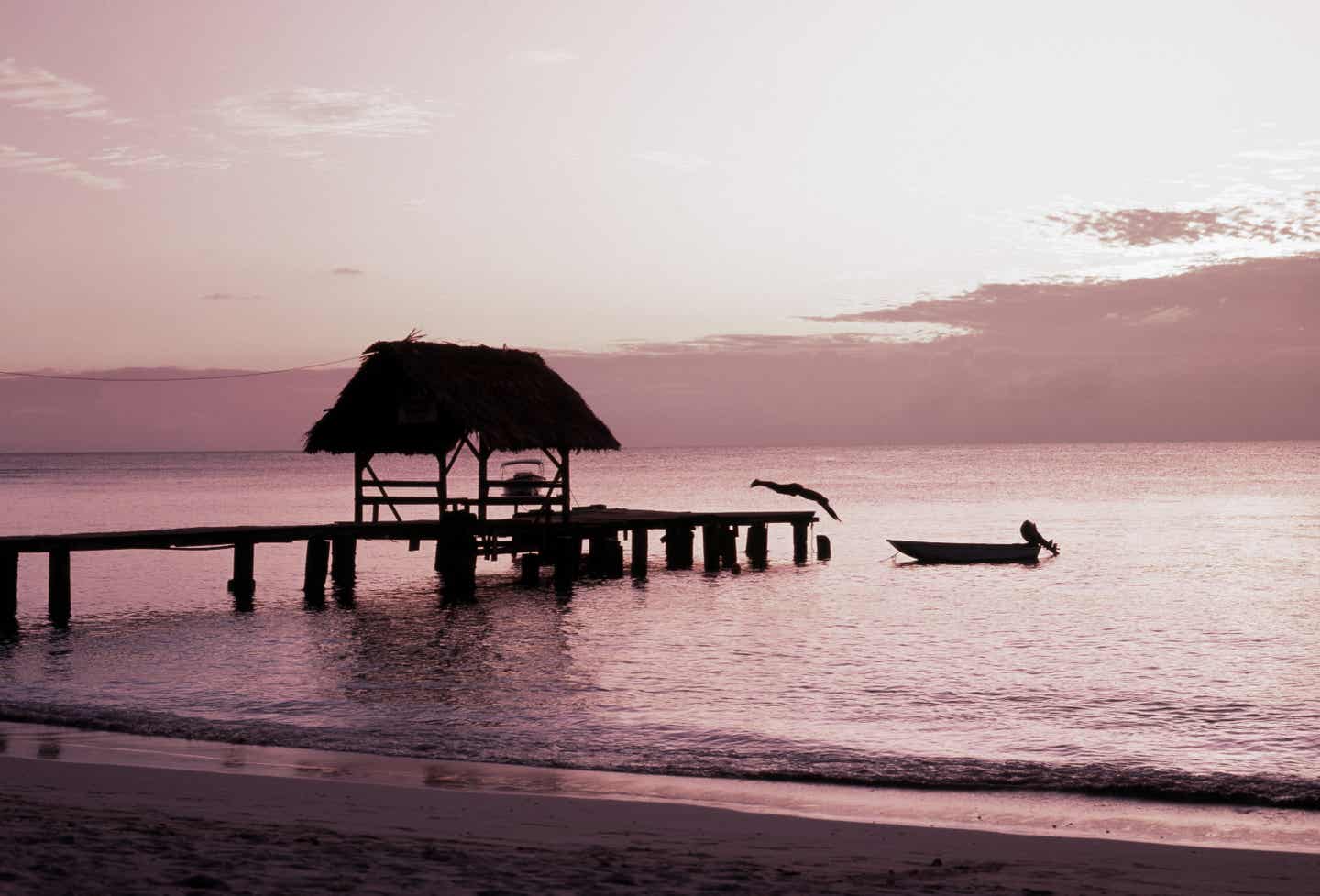 Tobago Urlaub mit DERTOUR. Mann springt von Bootssteg am Pigeon Point bei Sonnenuntergang in die Karibik