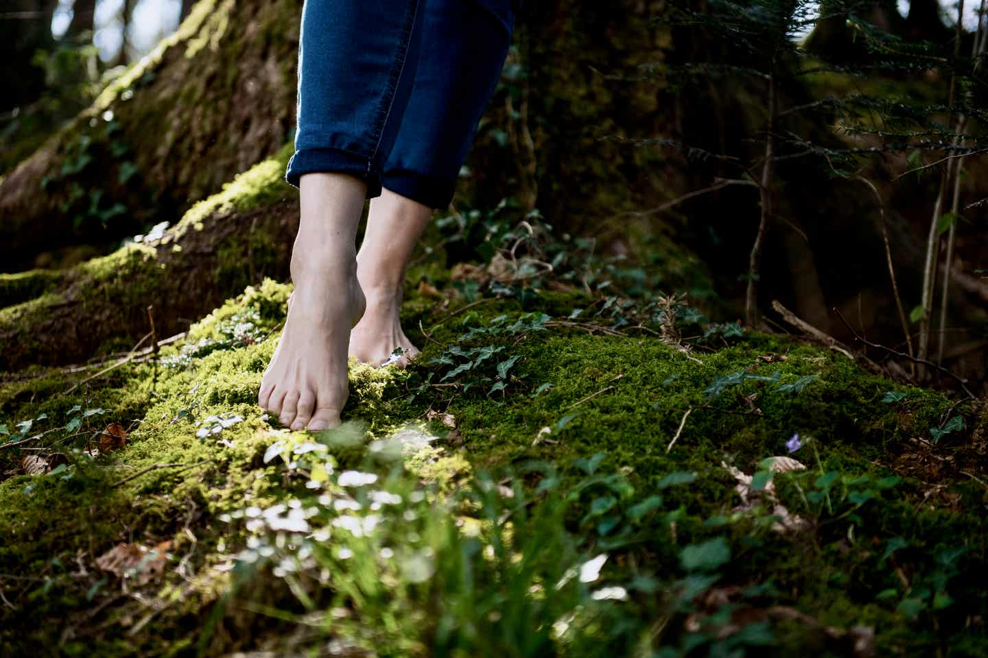 Nackte Füße gehen bedächtig auf grünem Moos im Wald