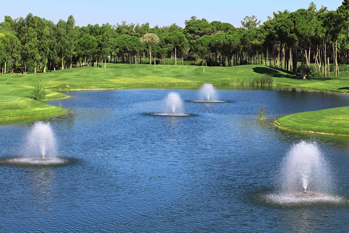 Golfplatz mit See und Wasserfontänen, Pinien im Hintergrund