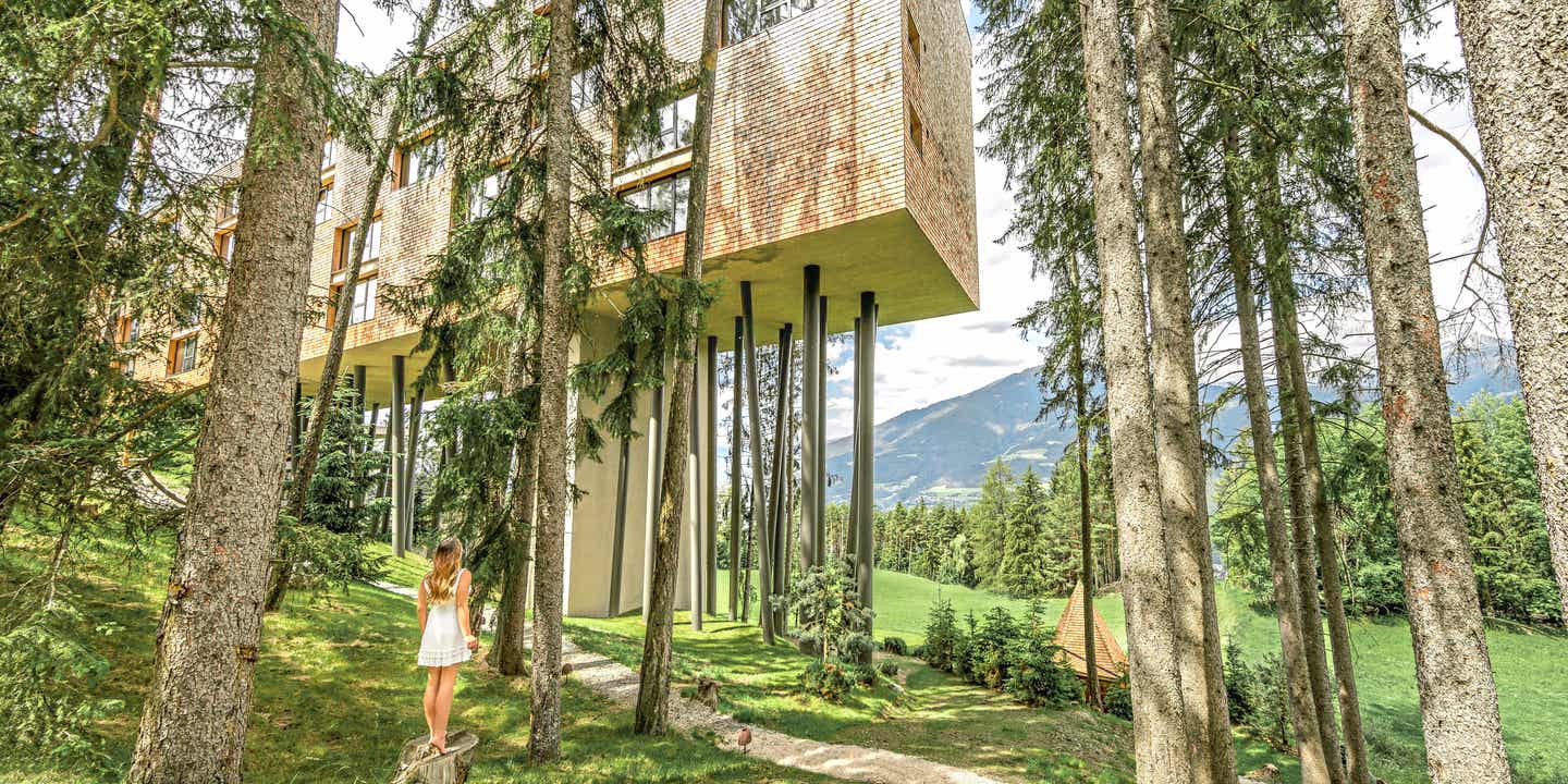 Baumhaus-Architektur des My Arbor Hotels in St. Andrä, Südtirol, eingebettet im Wald am Hang oberhalb von Brixen
