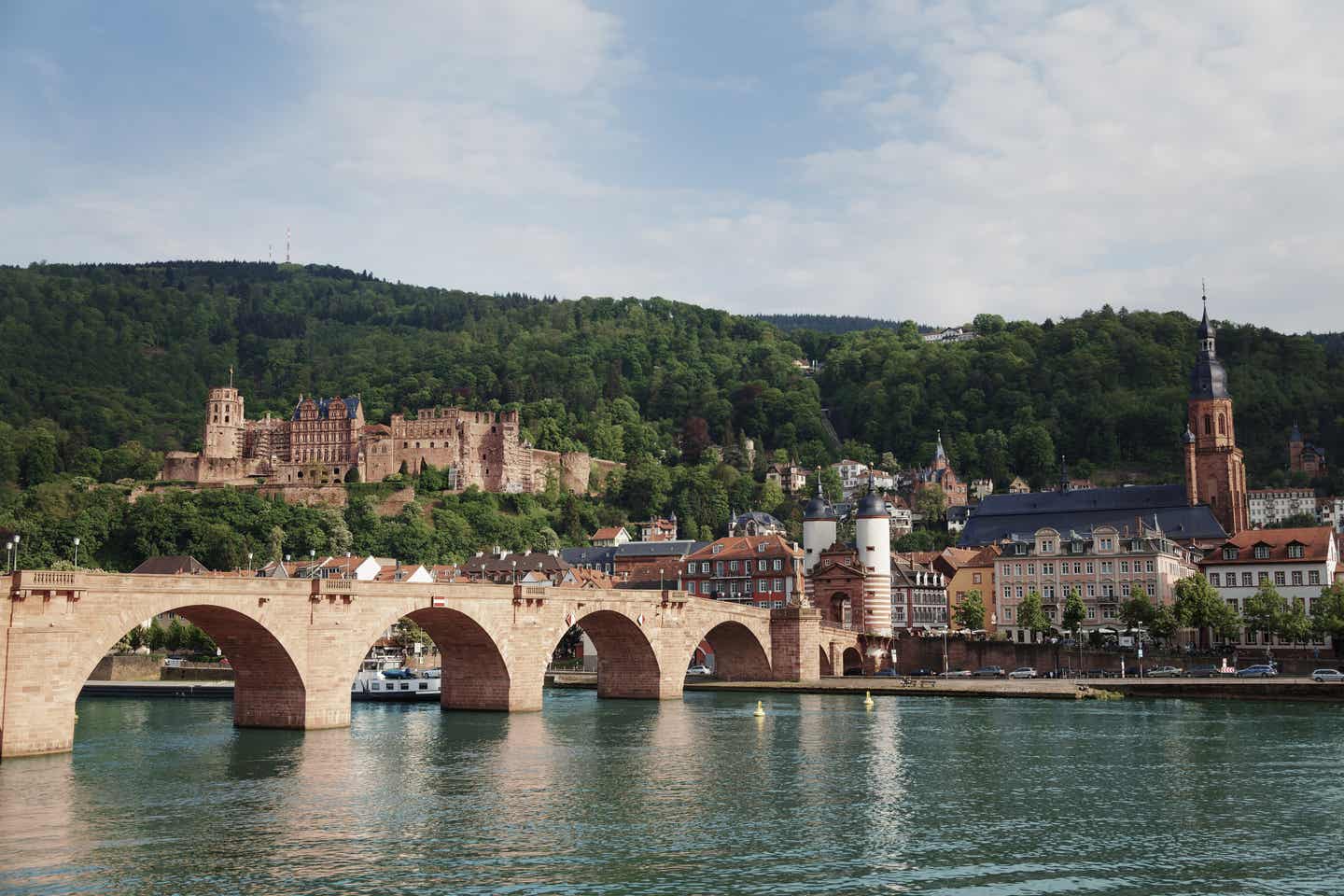 Baden-Württemberg-Urlaub mit DERTOUR. Panoramablick auf Heidelbergs Altstadt vom Fluss Neckar aus