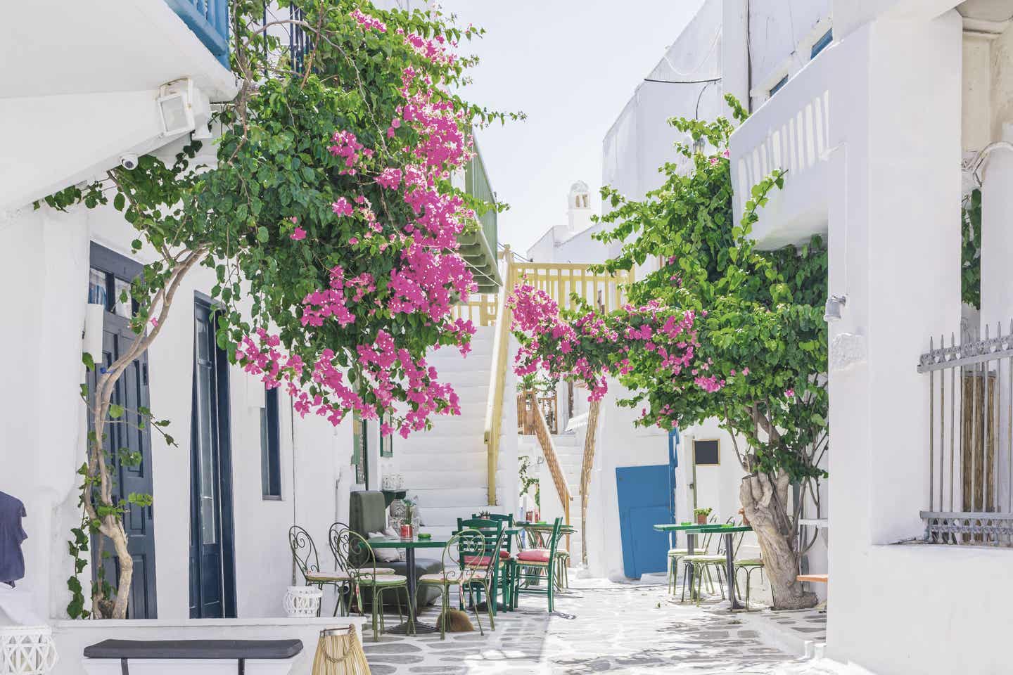 Die Straßen von Mykonos: Weiße Häuser und Blumen