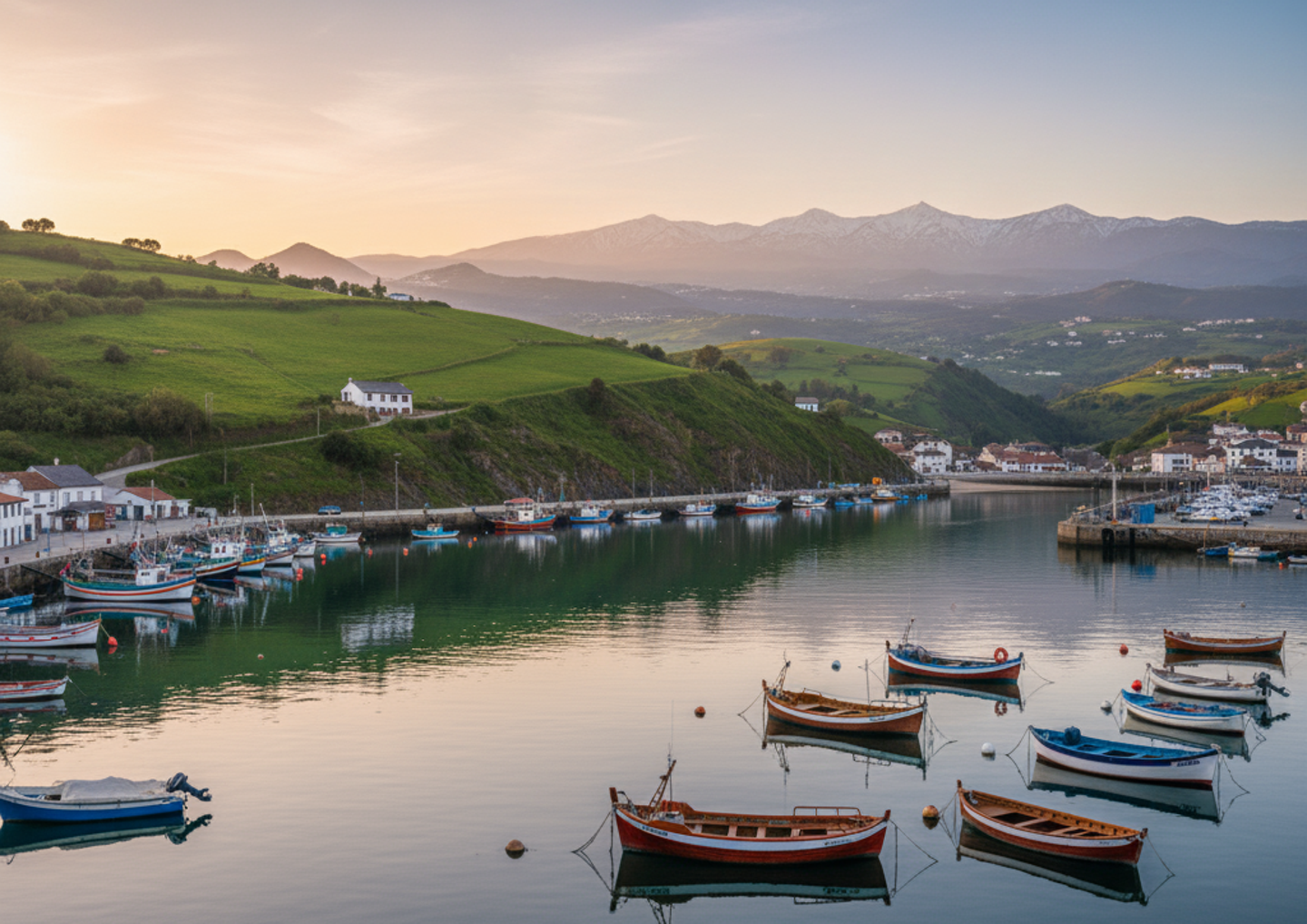 Hafen von San Vicente de la Barquera in Kantabrien mit Fischerbooten und grünen Hügeln