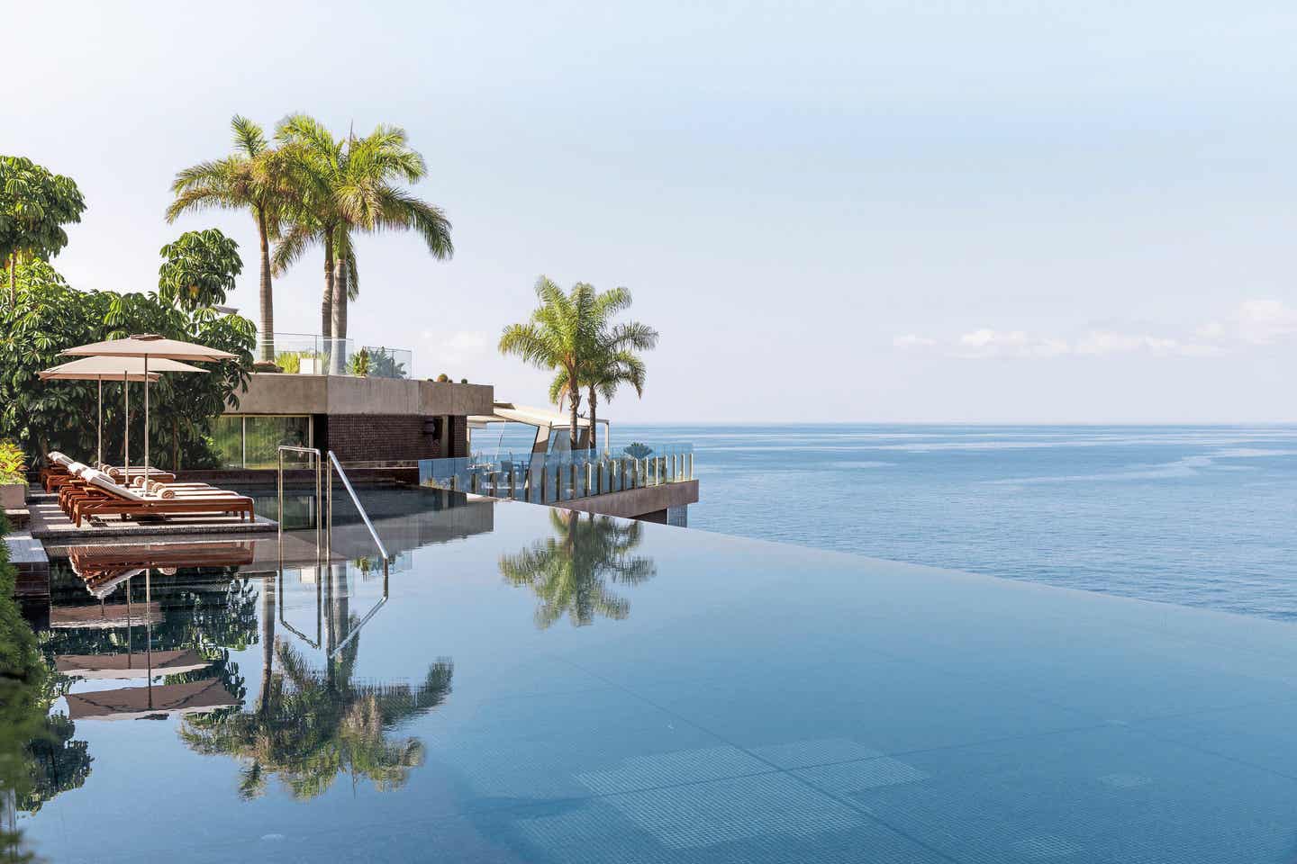 Infinity Pool mit Palmen des Saccarum Resort auf Madeira