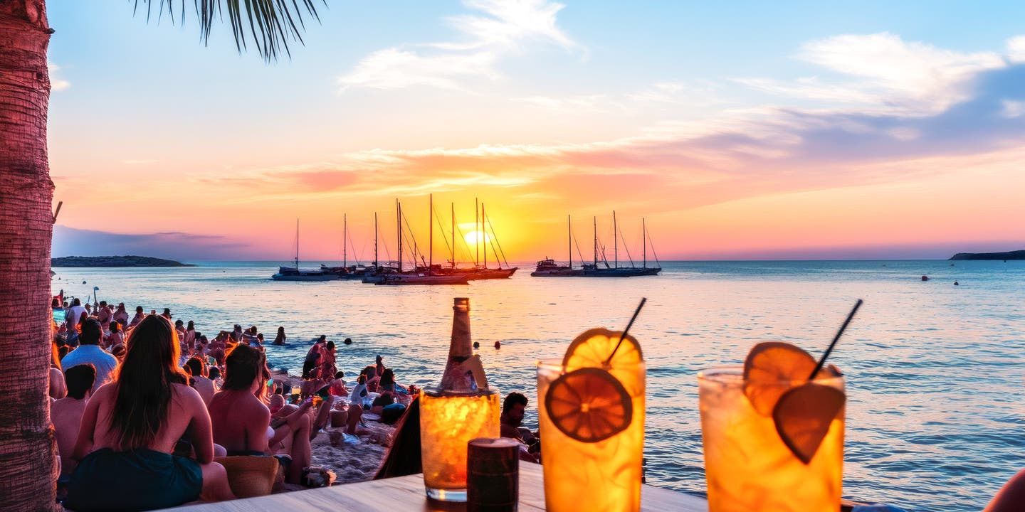 Cocktails bei Sonnenuntergang in Ibiza Sunset Bar mit Blick auf Segelboote und Strandgäste