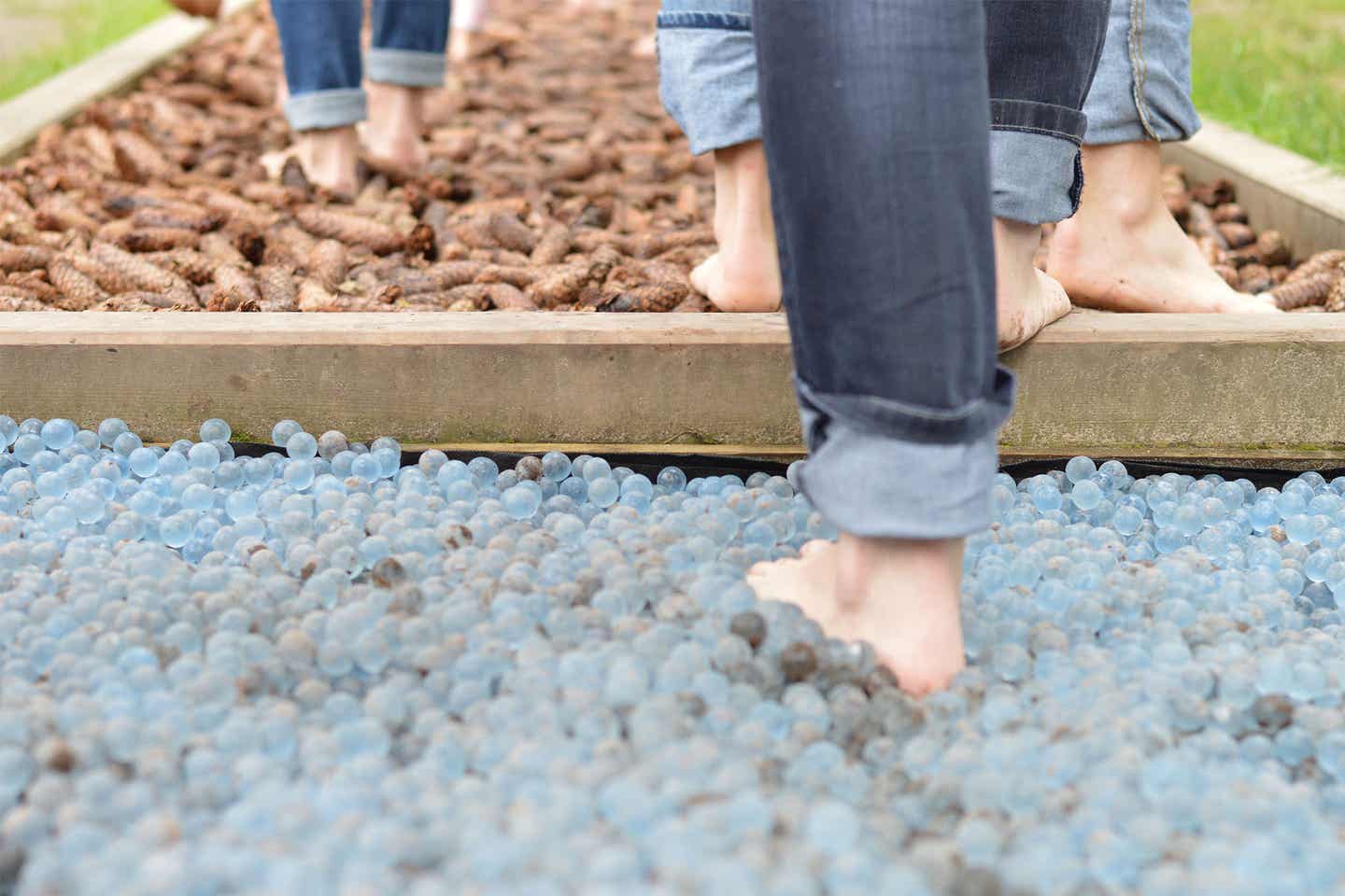 Eine Familie wandert über den Barfußweg am Hohen Kranzberg