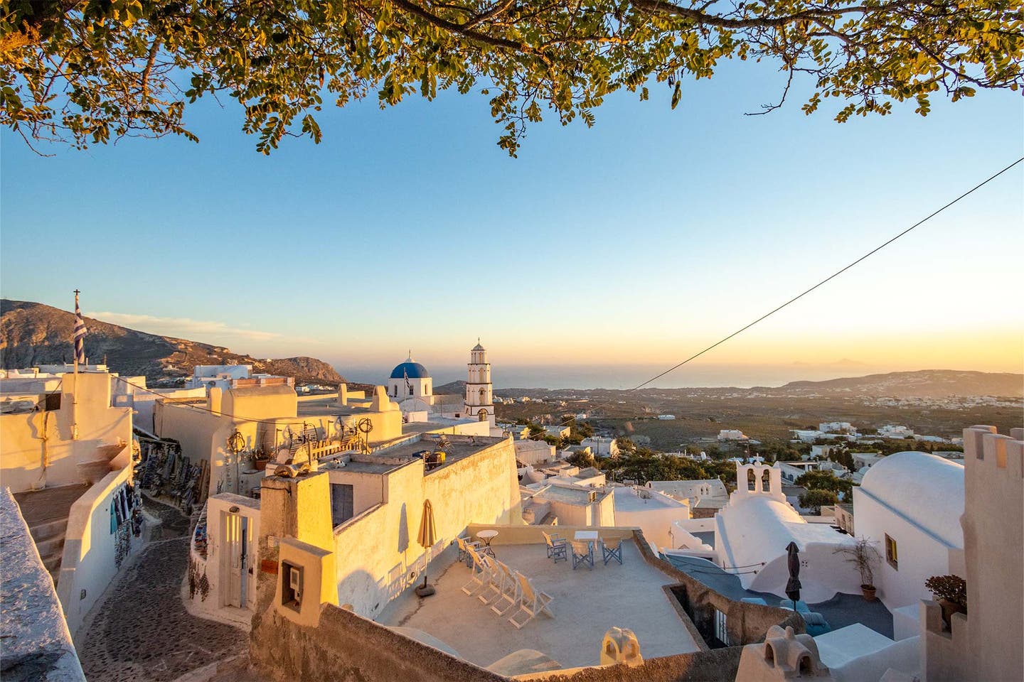 Blick unter einer Baumkrone hindurch auf die Kulisse von Santorini im Sonnenuntergang