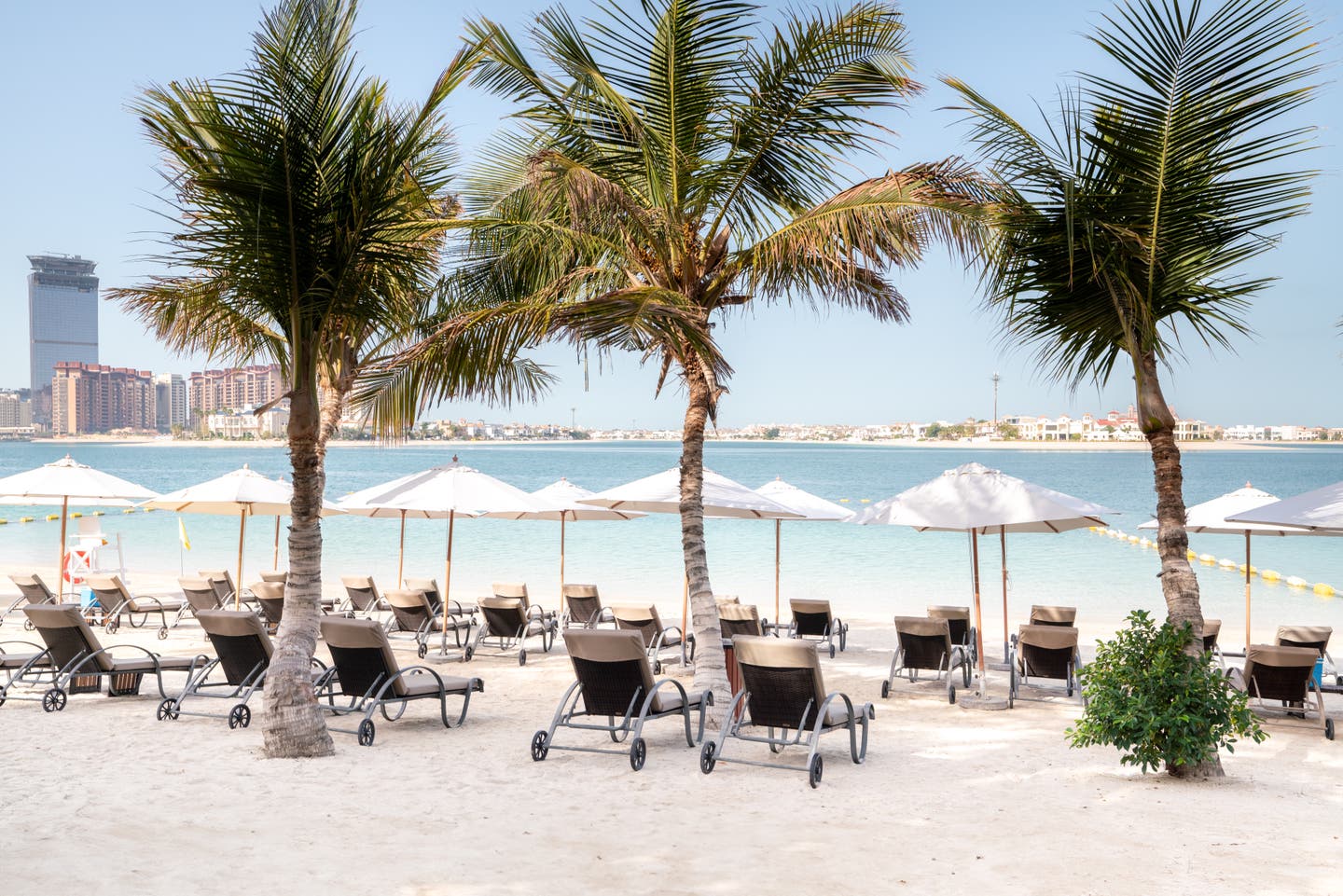 Strand mit aufgereihten Sonnenliegen und Aussicht auf das Wasser